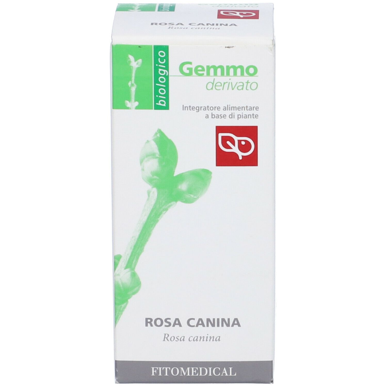 Scatola bianca con foglie verdi e testo. Scritto: Gemmo derivato, Rosa Canina, biologico.