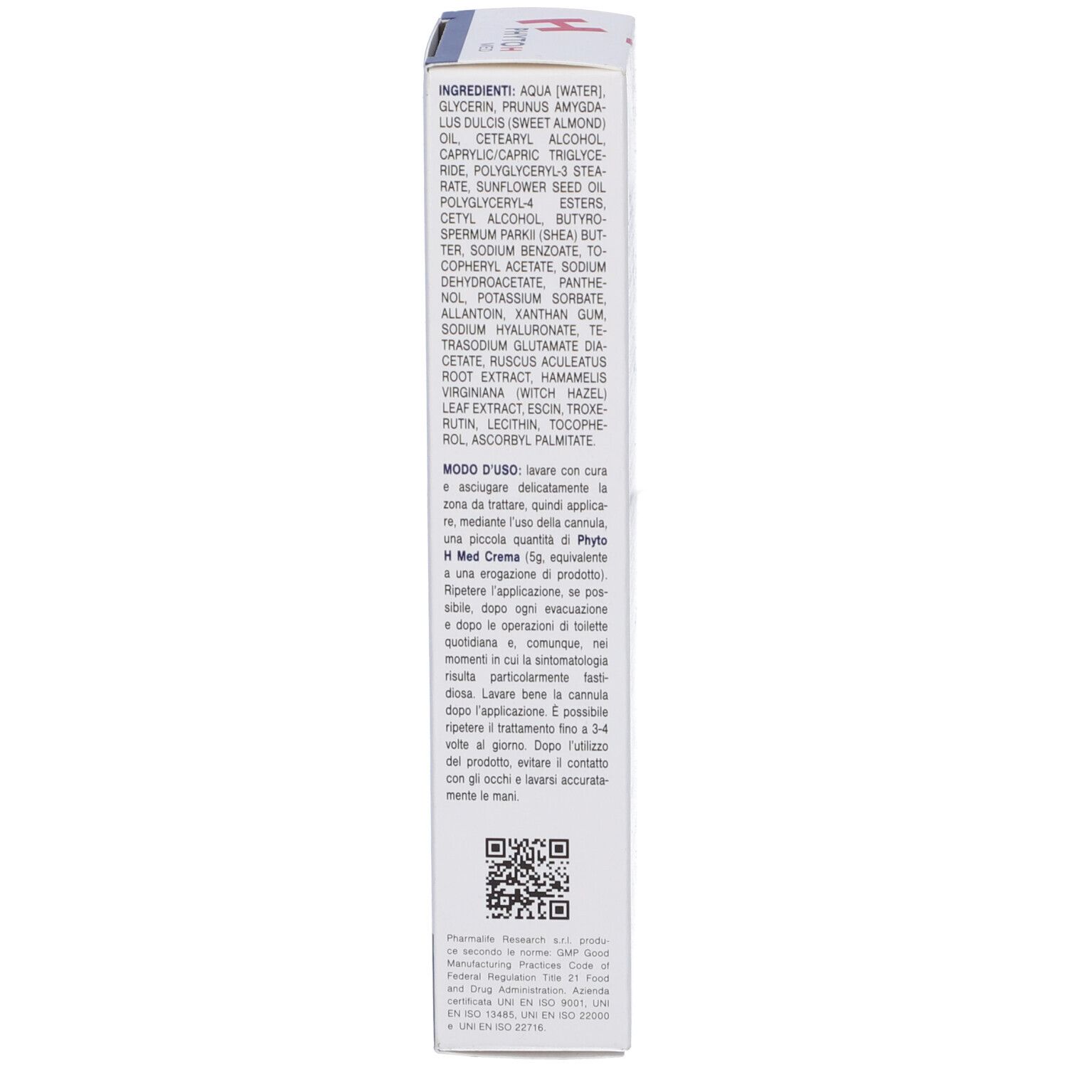 Lato della confezione. Testo in italiano. Ingredienti e istruzioni per l'uso. Codice QR.