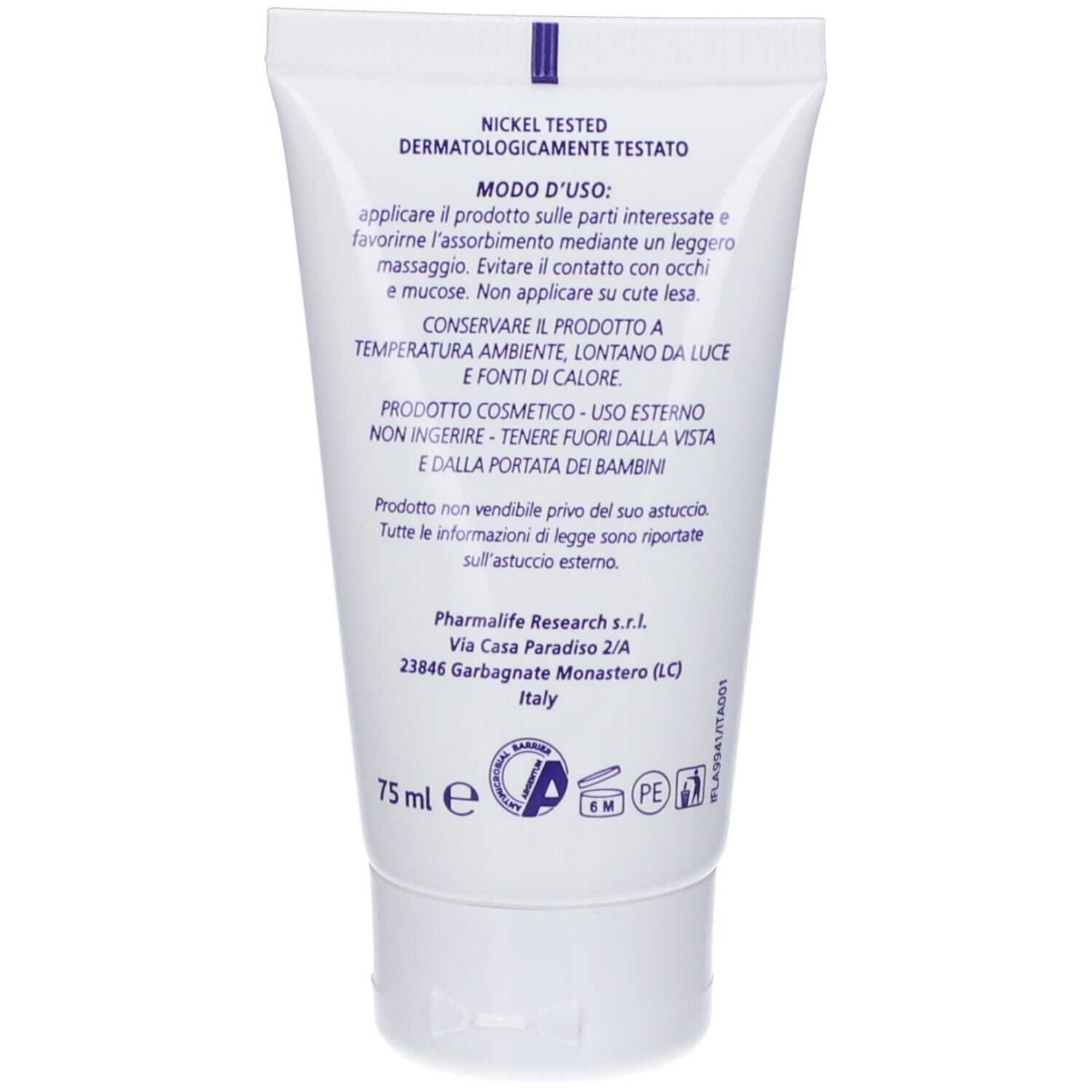 Retro di un tubo bianco. Testo: Nickel Tested, Modo d'uso, 75 ml. Loghi e informazioni in italiano.