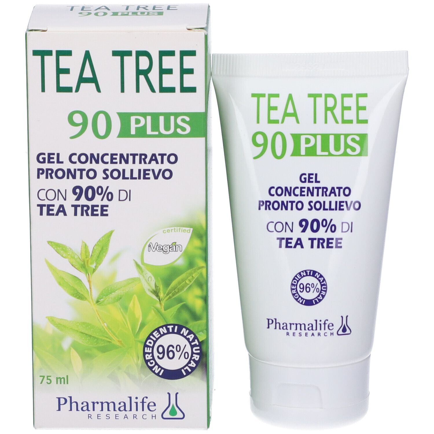 Confezione e tubo. Confezione: Tea Tree 90 Plus, Gel Concentrato Pronto Sollievo, 90% Tea Tree. Logo: 96% Ingr. Naturali.