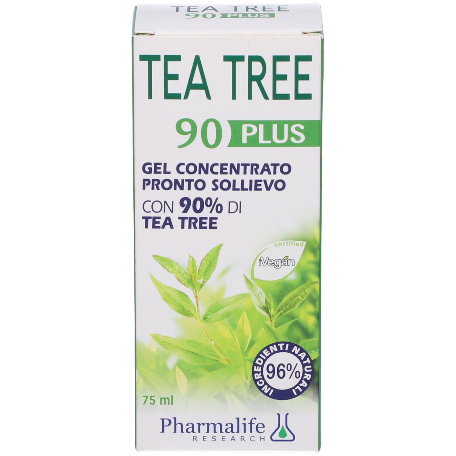 Confezione del prodotto. Testo: Tea Tree 90 Plus, Gel Concentrato Pronto Sollievo, 90% Tea Tree. Logo: 96% Ingr. Naturali. Vegan.