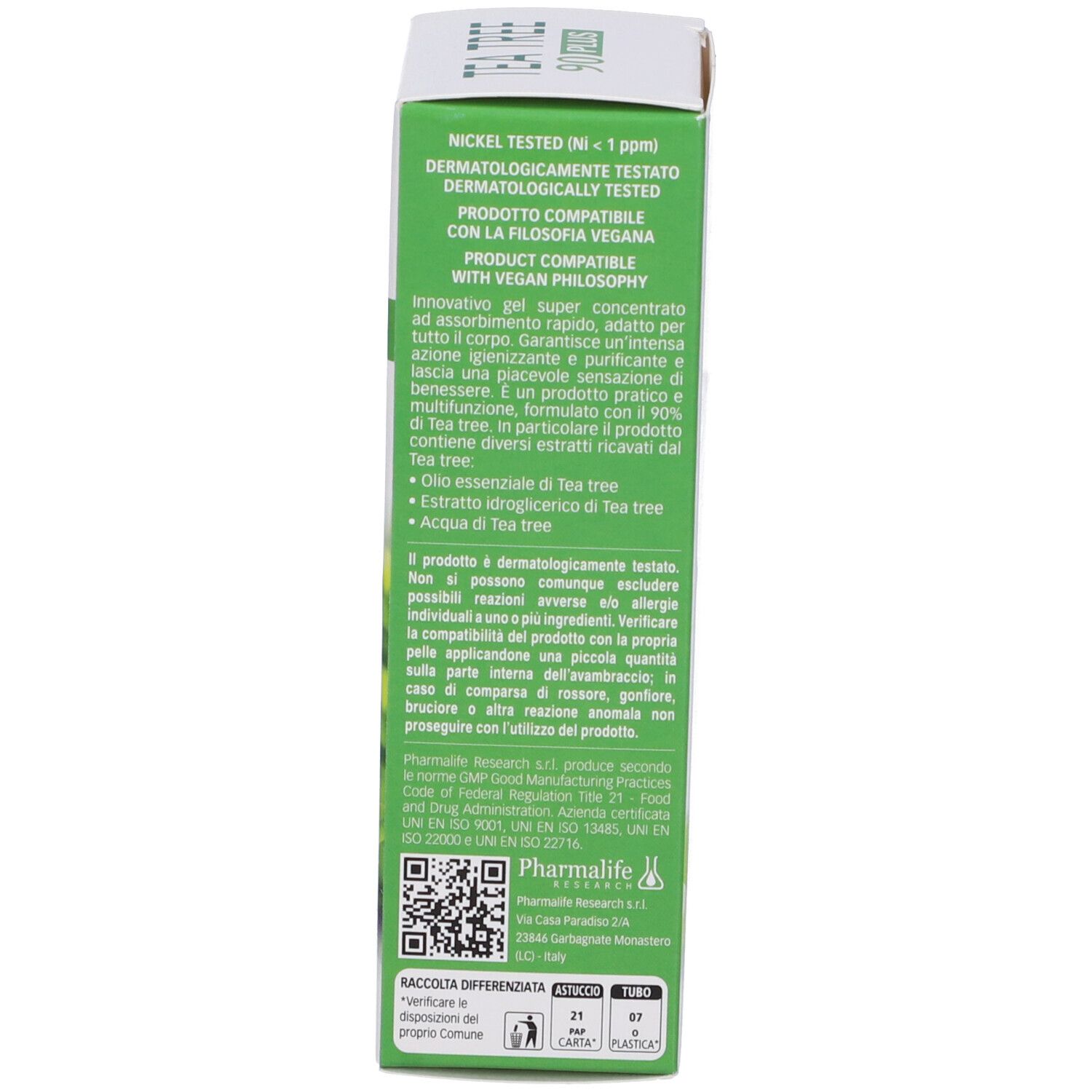 Vista laterale della confezione. Testo: Nickel Tested, dermatologicamente testato. Informazioni e loghi in italiano.