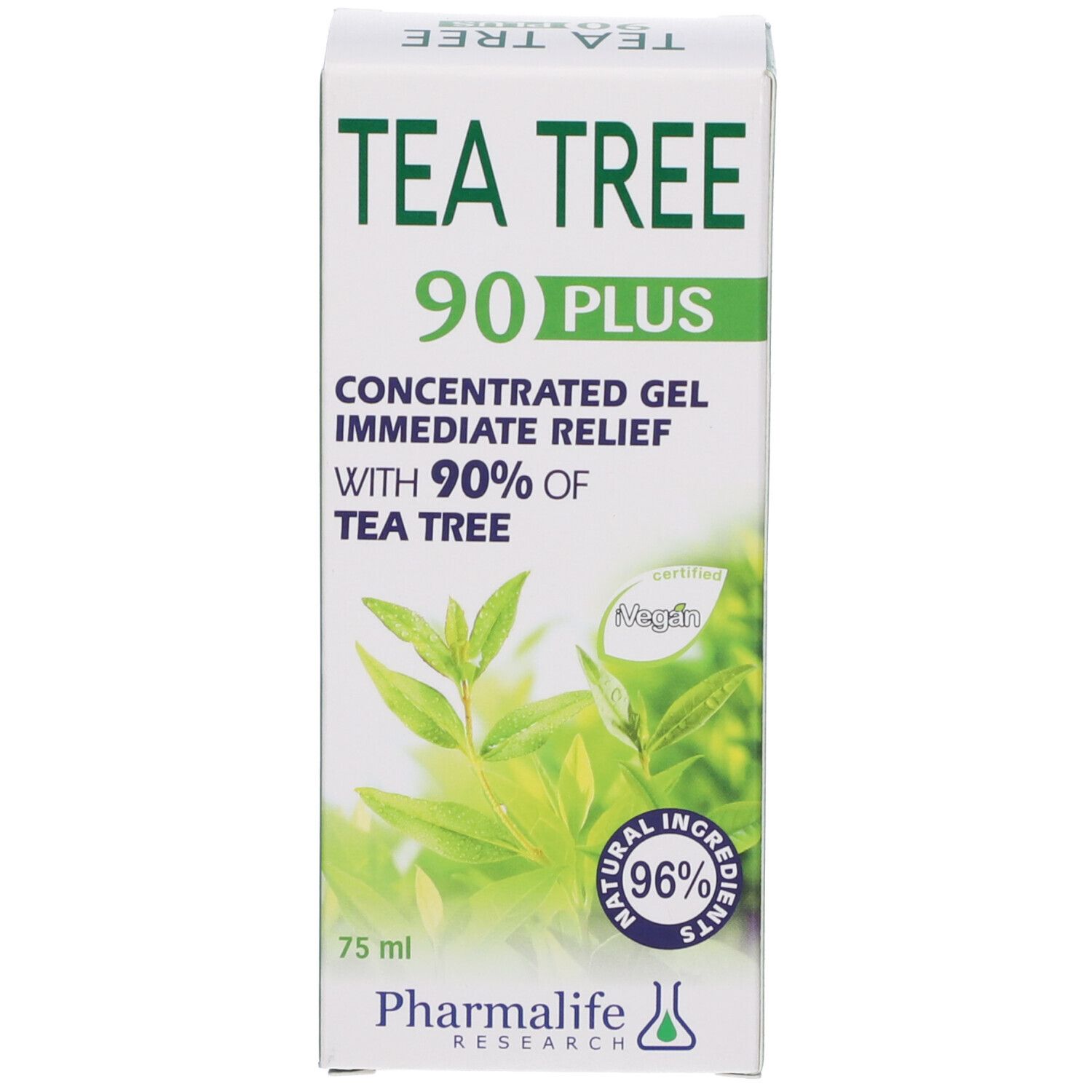 Confezione del prodotto. Testo: Tea Tree 90 Plus, Concentrated Gel Immediate Relief, 90% Tea Tree. Logo: 96% Ingr. Naturali. Vegan.