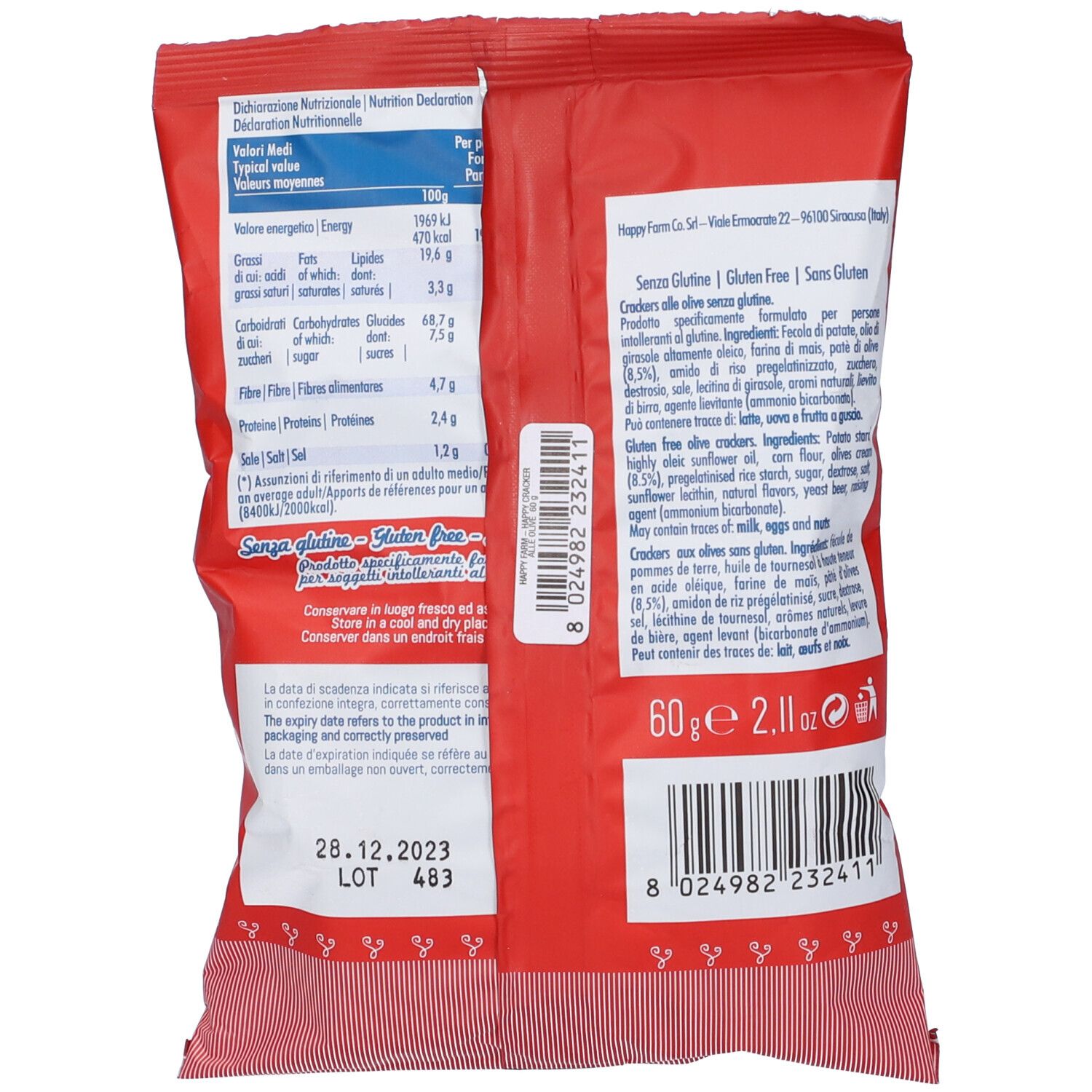 Retro della confezione rossa "Happy Cracker". Informazioni nutrizionali e lista ingredienti. Senza glutine. 60g.