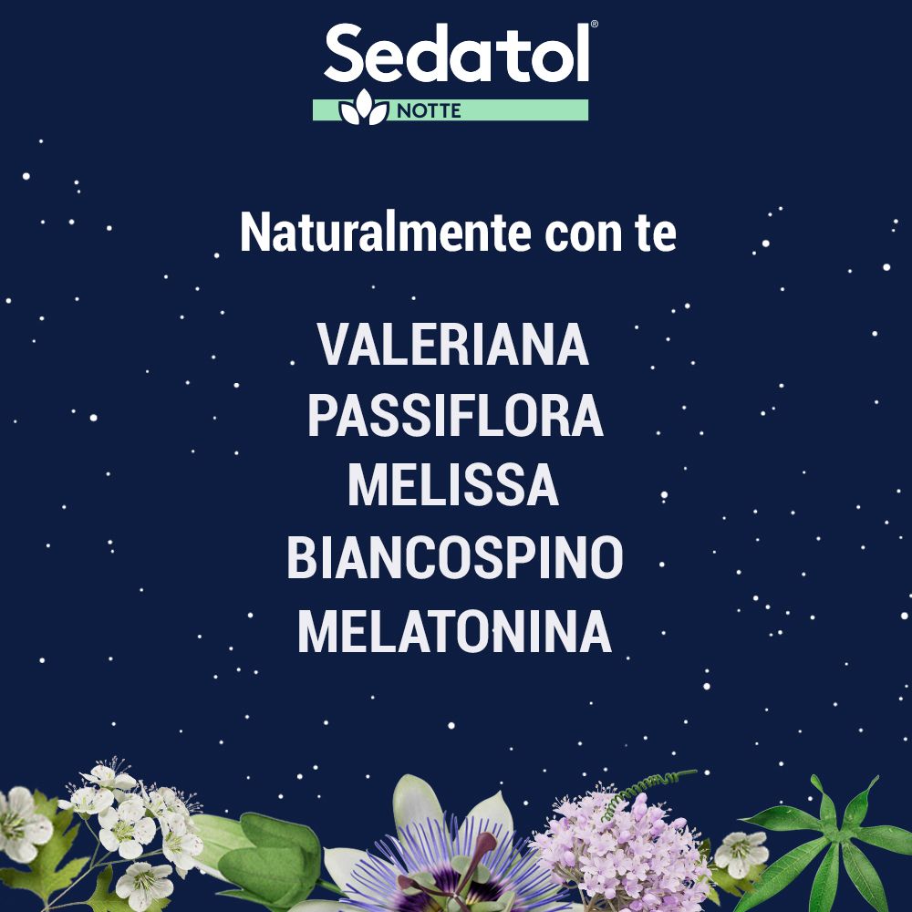 Testo: Valeriana, Passiflora, Melissa, Biancospino, Melatonina. Sfondo con stelle e fiori.
