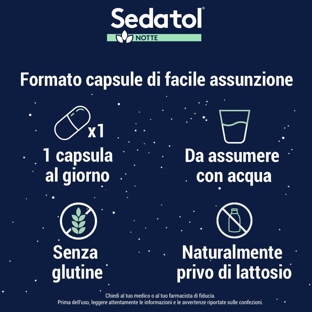 Capsula e bicchiere d'acqua. Testo: 1 capsula al giorno. Senza glutine e senza lattosio. Sedatol Notte.