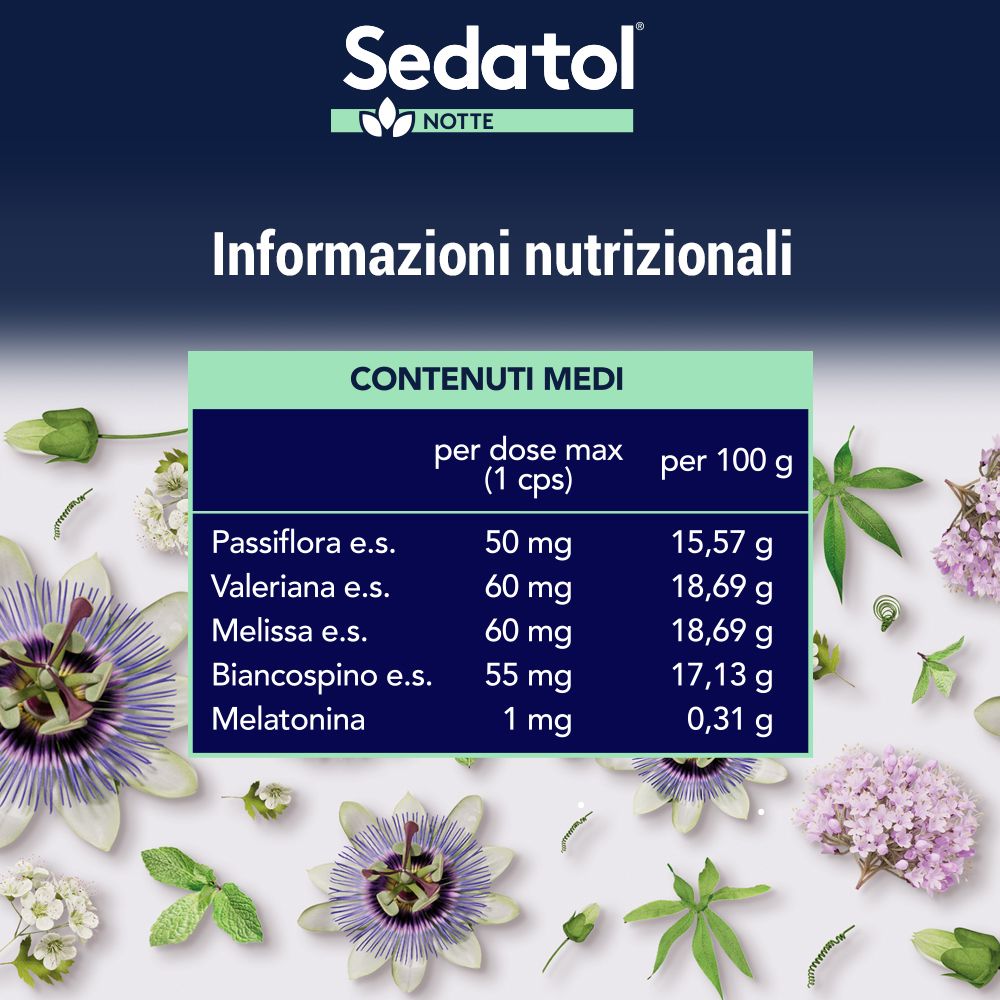 Informazioni nutrizionali. Elenco degli ingredienti per dose e per 100g. Sedatol Notte.