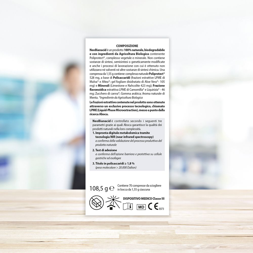 Retro della scatola "neo Bianacid". Testo sugli ingredienti. Marca: Aboca. Informazioni sulla composizione.