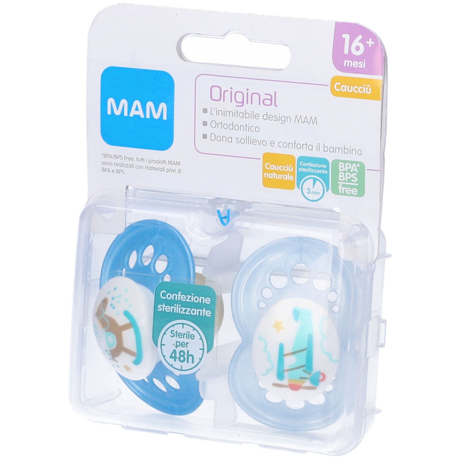 Confezione con due succhietti blu. Marchio MAM, Original. Età: 16+ mesi. Confezione sterilizzata.