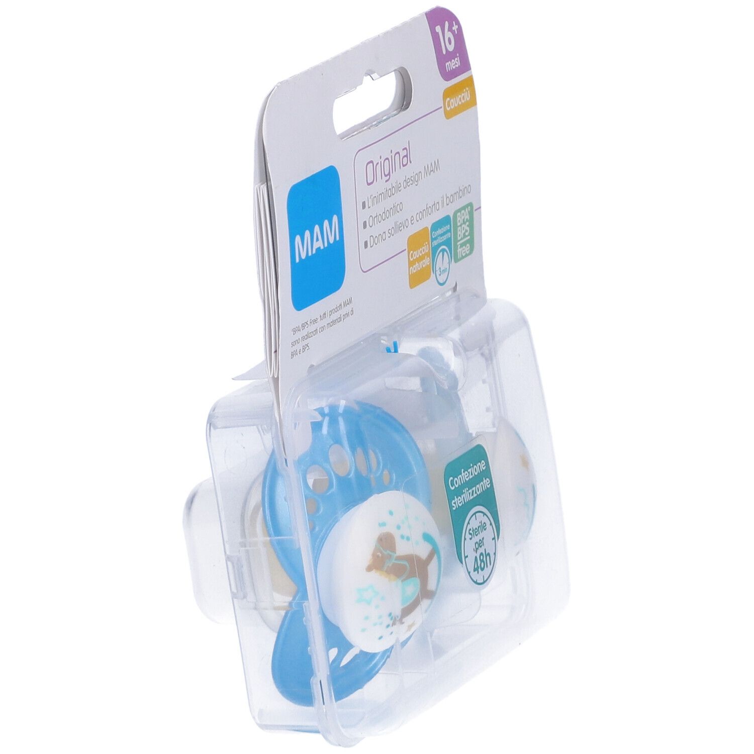 Confezione con due succhietti blu. Marchio MAM, Original. Età: 16+ mesi. Confezione sterilizzata.