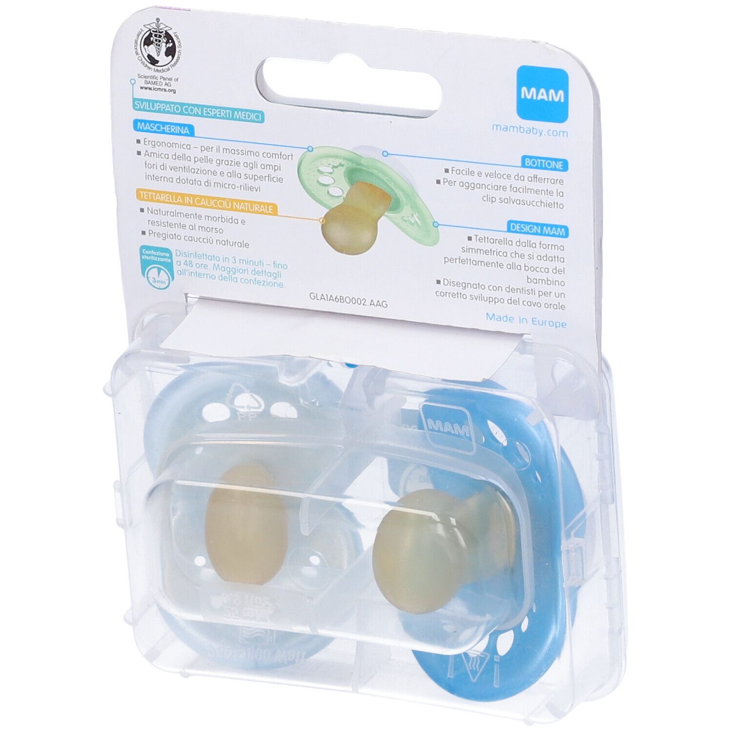 Retro della confezione con due succhietti. Marchio MAM. Informazioni sul prodotto e certificazioni.