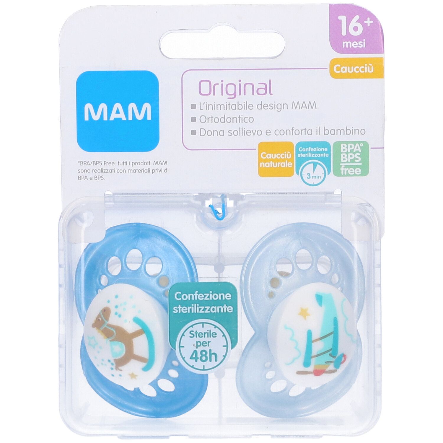 Confezione con due succhietti blu. Marchio MAM, Original. Età: 16+ mesi. Confezione sterilizzata.
