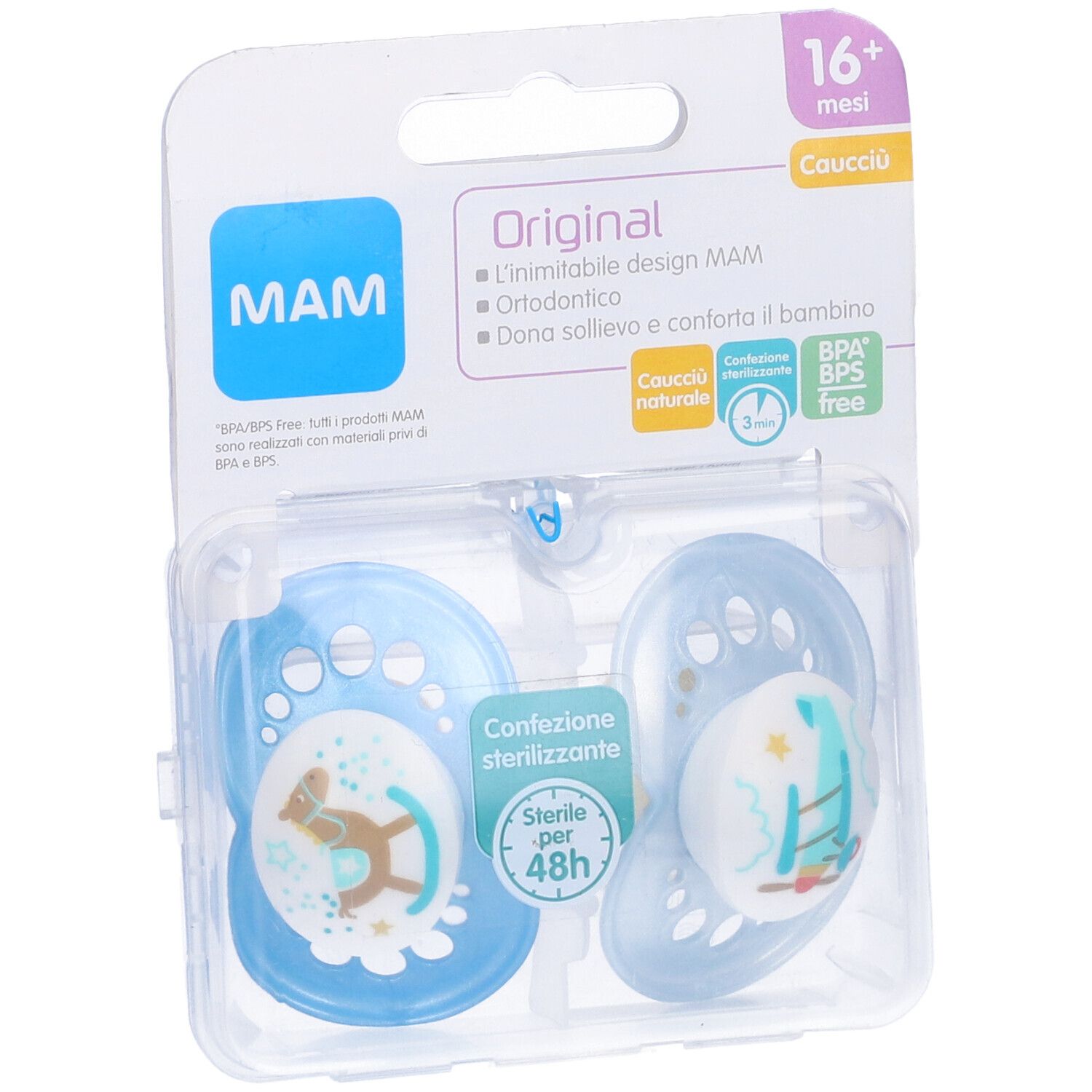 Confezione con due succhietti blu. Marchio MAM, Original. Età: 16+ mesi. Confezione sterilizzata.