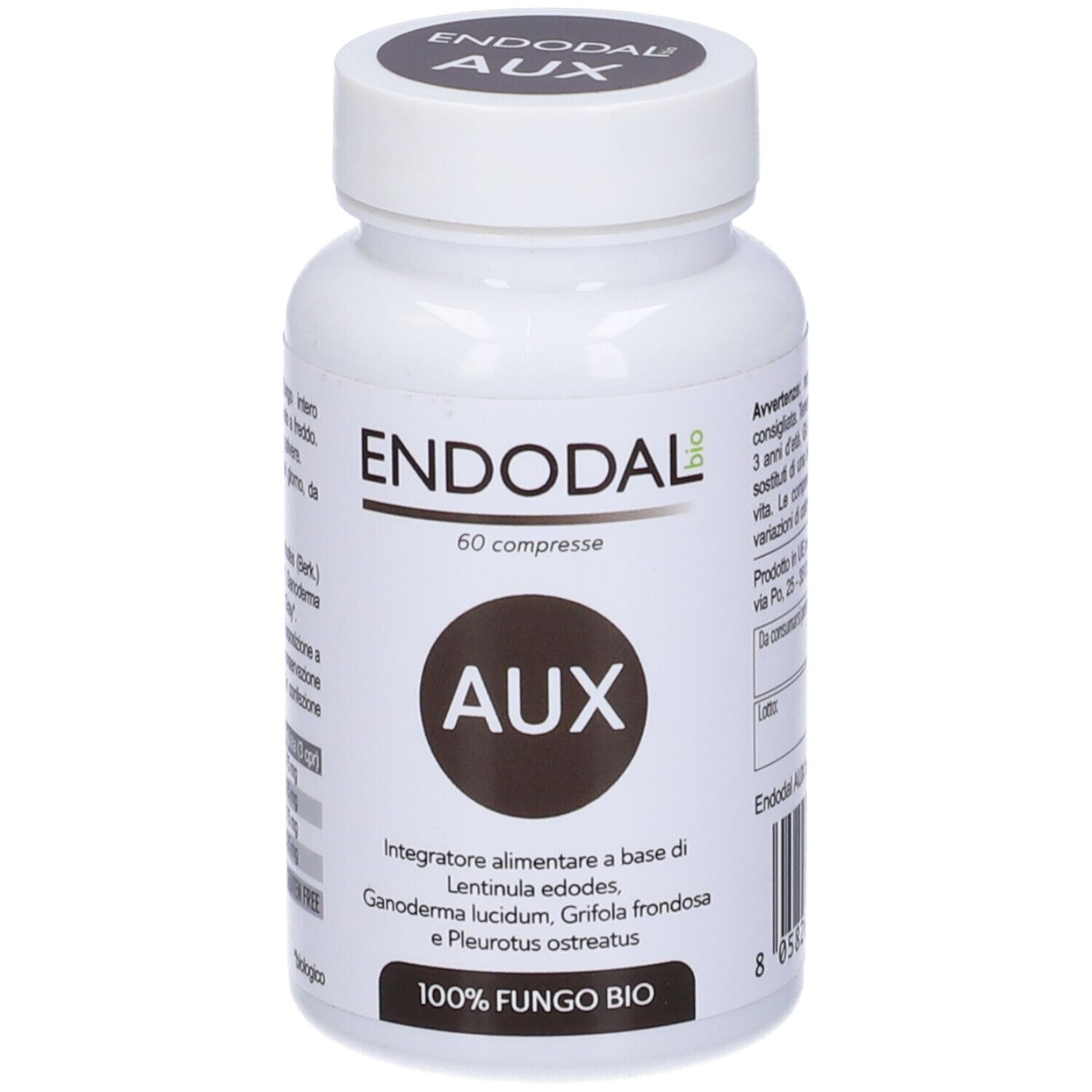 Flacone bianco con tappo ed etichetta neri. Scritta: ENDODAL AUX, 60 compresse. 100% FUNGO BIO.