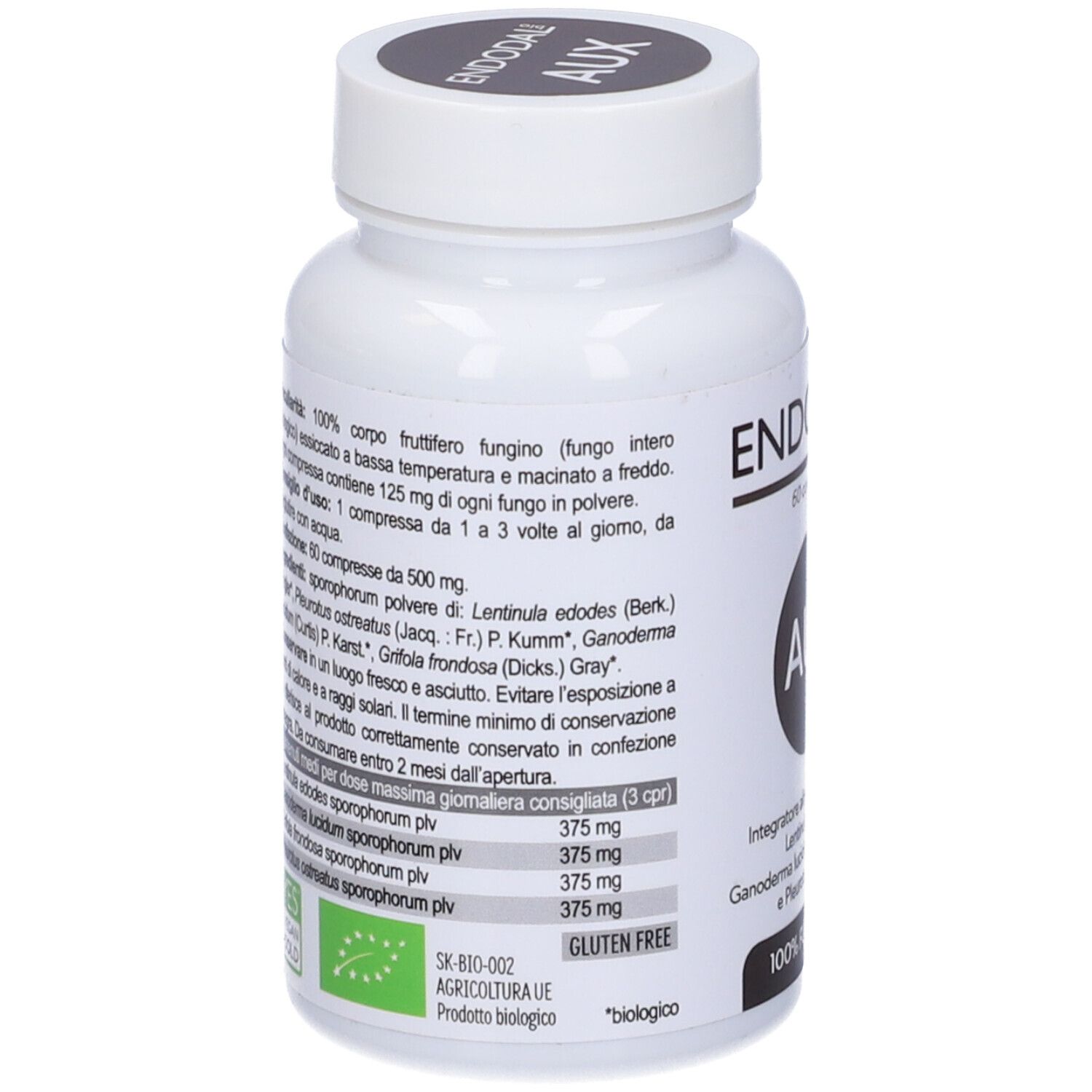 Flacone bianco, retro con testo. Contiene informazioni su ingredienti, dosaggio e valori nutrizionali. Senza glutine.