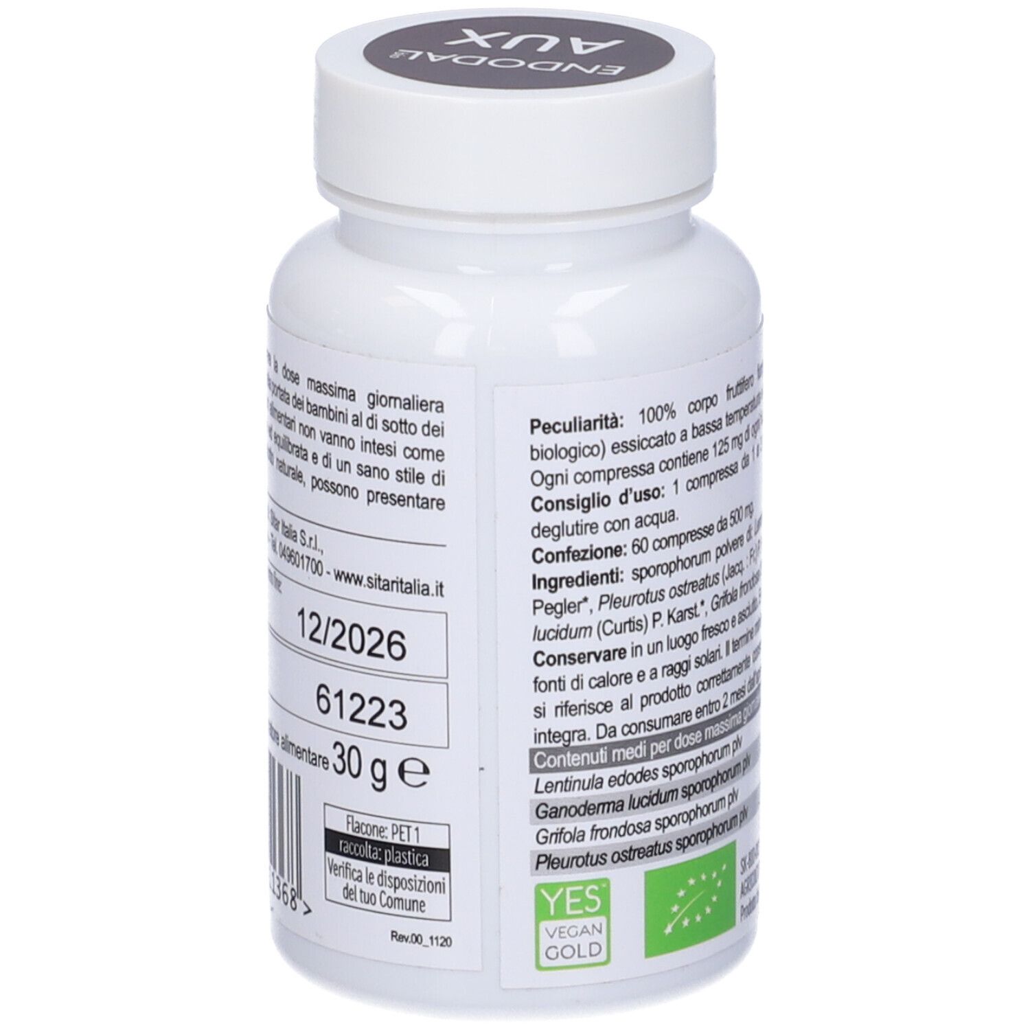Flacone bianco, retro con testo. Contiene informazioni su scadenza, ingredienti e produttore.