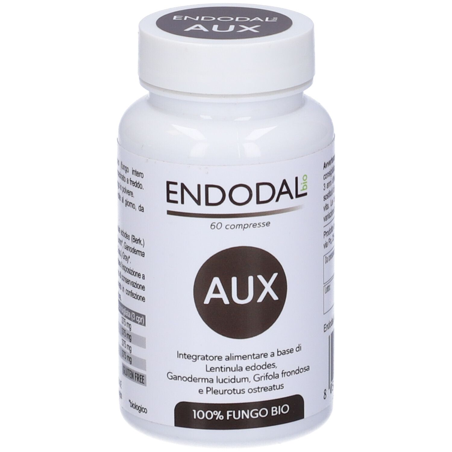 Flacone bianco con tappo ed etichetta neri. Scritta: ENDODAL AUX, 60 compresse. 100% FUNGO BIO.