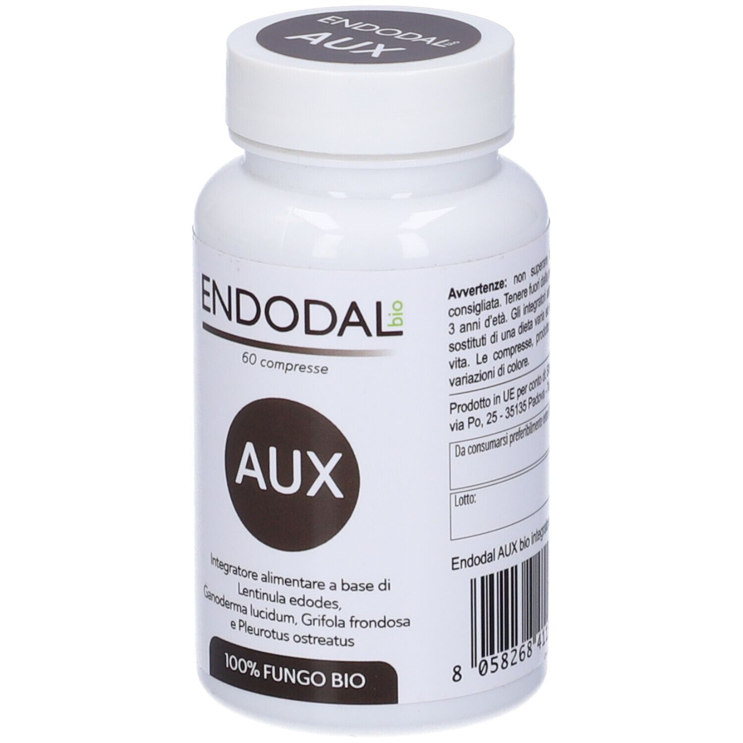 Flacone bianco con tappo ed etichetta neri. Scritta: ENDODAL AUX, 60 compresse. 100% FUNGO BIO.