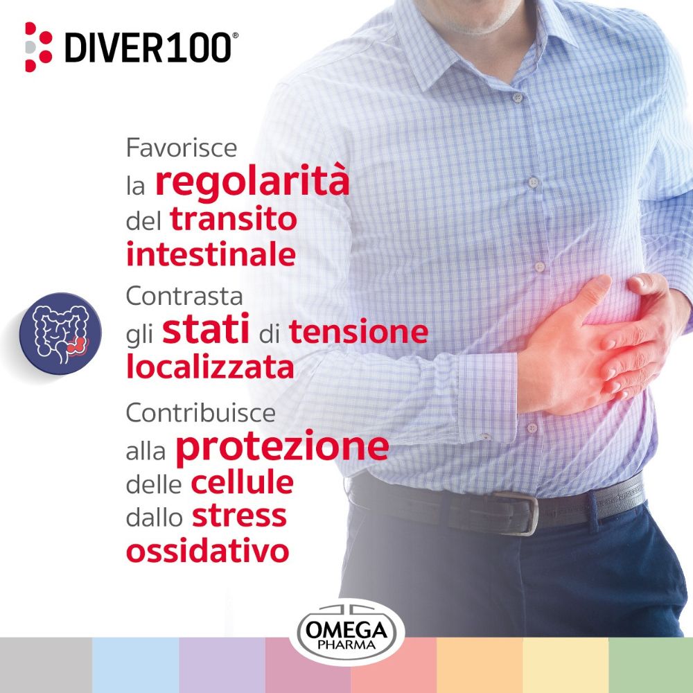 Uomo che si tiene la pancia. Testo: "DIVER 100®". Benefici: regolarità intestinale, tensioni, protezione dallo stress ossidativo. Logo.