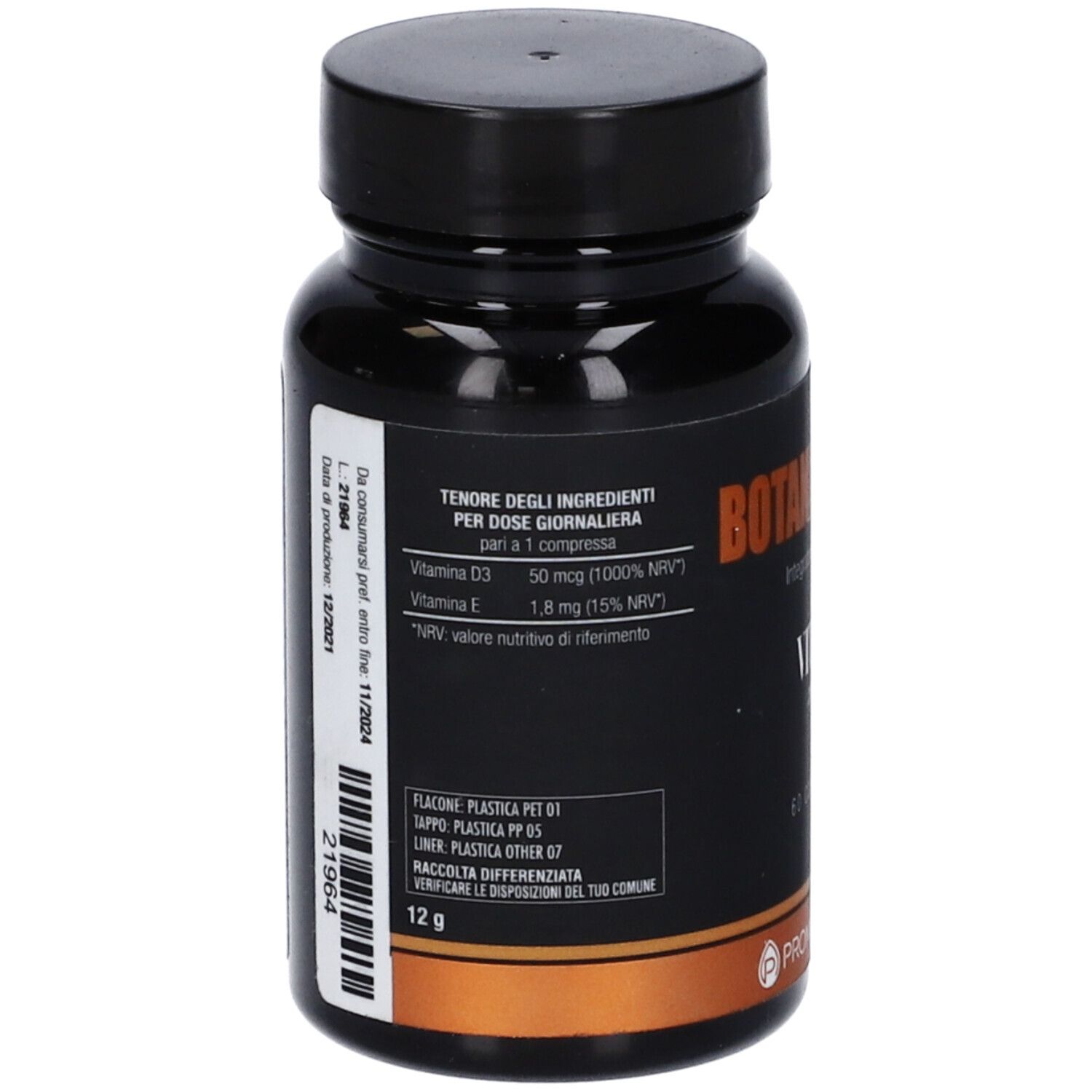 Retro del flacone nero. Informazioni su ingredienti, vitamine e valori nutrizionali. Etichetta con testo.