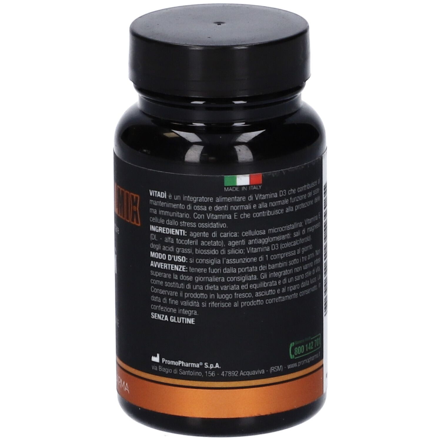 Retro del flacone nero. Testo con ingredienti e avvertenze. Logo Promopharma. Prodotto in Italia.