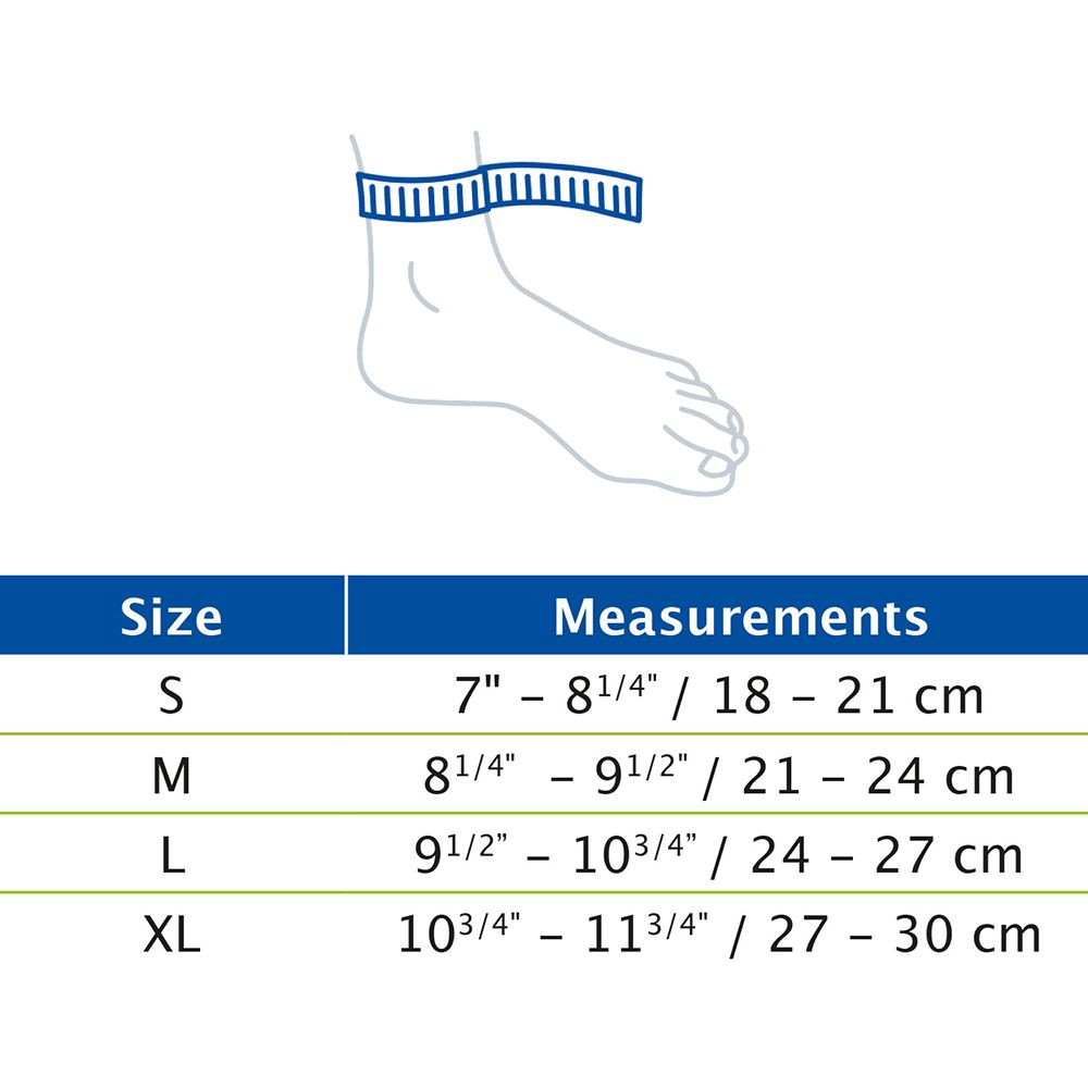 Tabella taglie per Actimove Cavigliera Elastica. Taglie S, M, L, XL. Misure in pollici e cm. Illustrazione del piede.