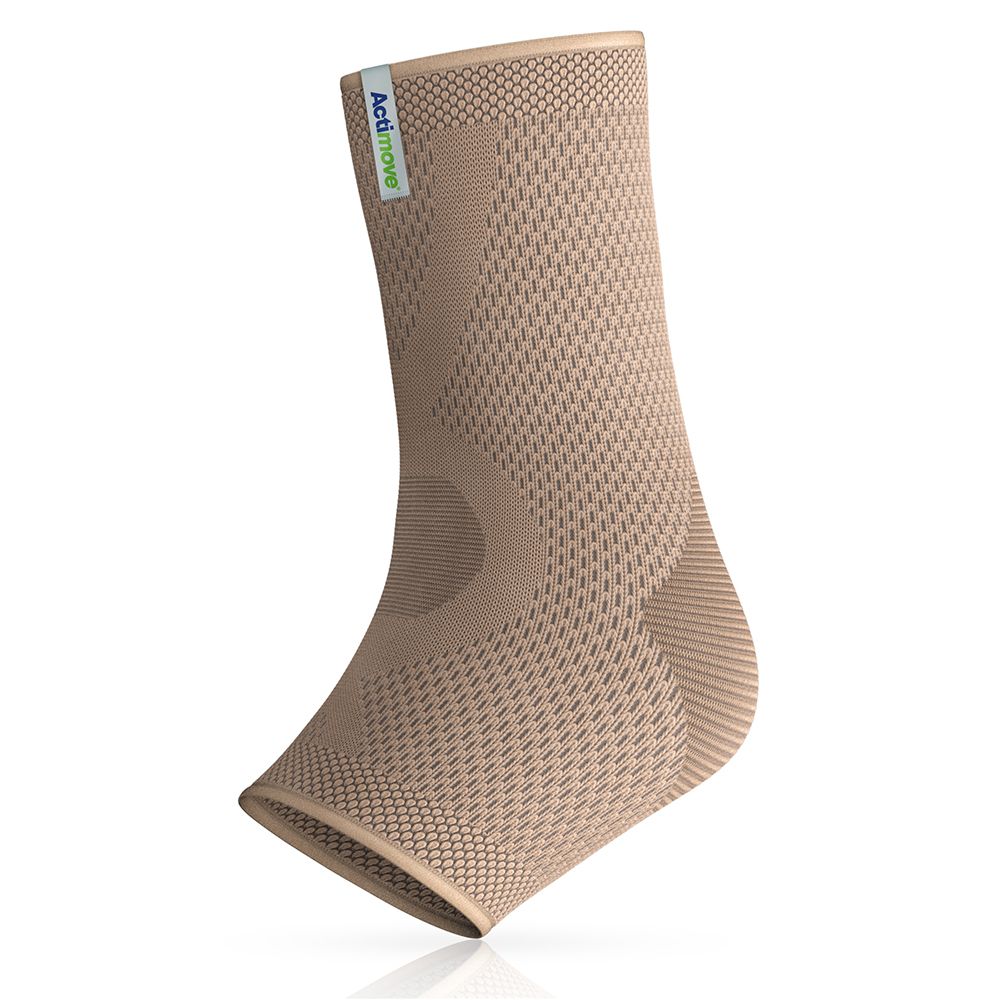 Cavigliera Actimove beige. Materiale elastico. Logo visibile. Vista prospettica.