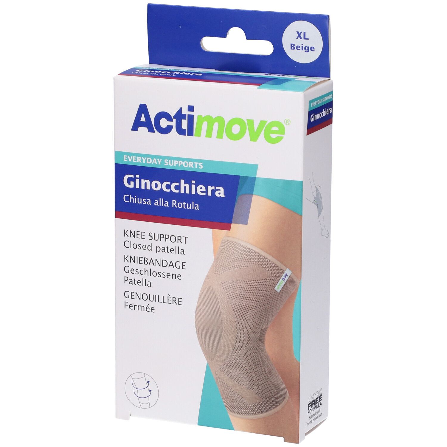 Actimove Ginocchiera, XL, beige. Ginocchiera in confezione. Immagine del prodotto con taglia.
