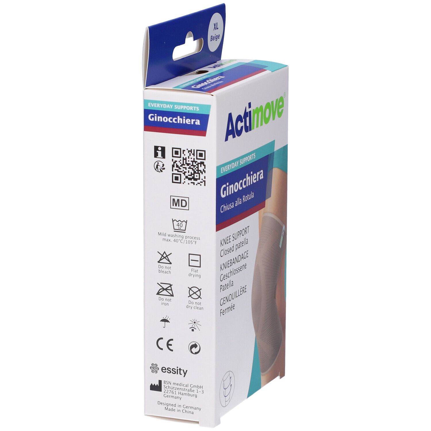 Confezione Actimove Ginocchiera. Informazioni prodotto, simboli di lavaggio, marchio CE, produttore.