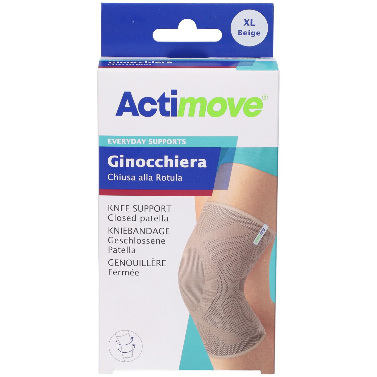 Actimove Ginocchiera, XL, beige. Ginocchiera in confezione. Immagine del prodotto.
