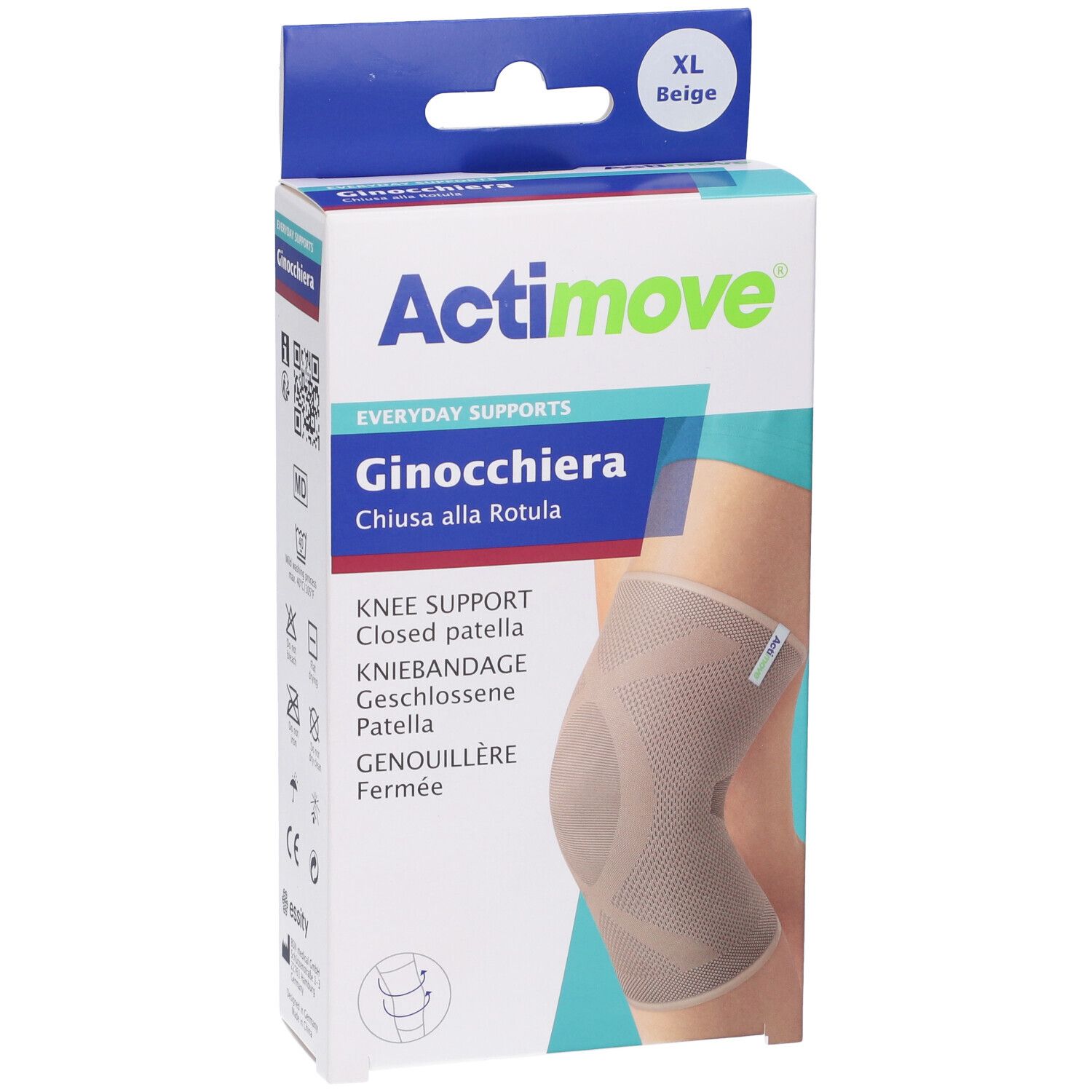 Actimove Ginocchiera, XL, beige. Ginocchiera in confezione. Immagine del prodotto.