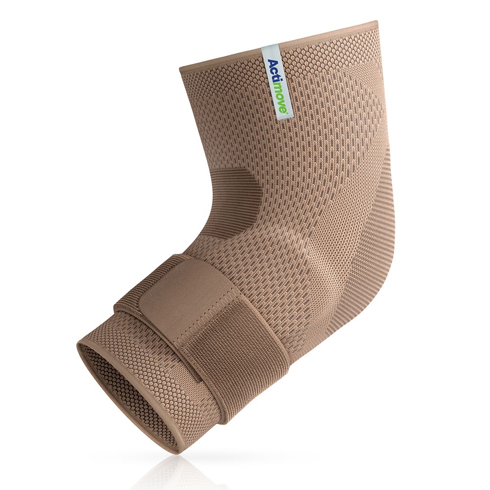 Gomitiera Actimove beige. Con chiusura a strappo e imbottitura. Su sfondo bianco.