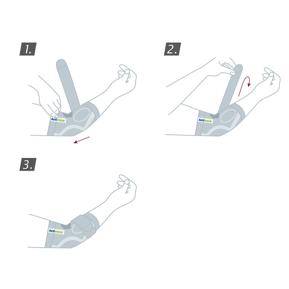 Istruzioni per l'uso della gomitiera Actimove. 3 passaggi: applicazione, regolazione, completato.