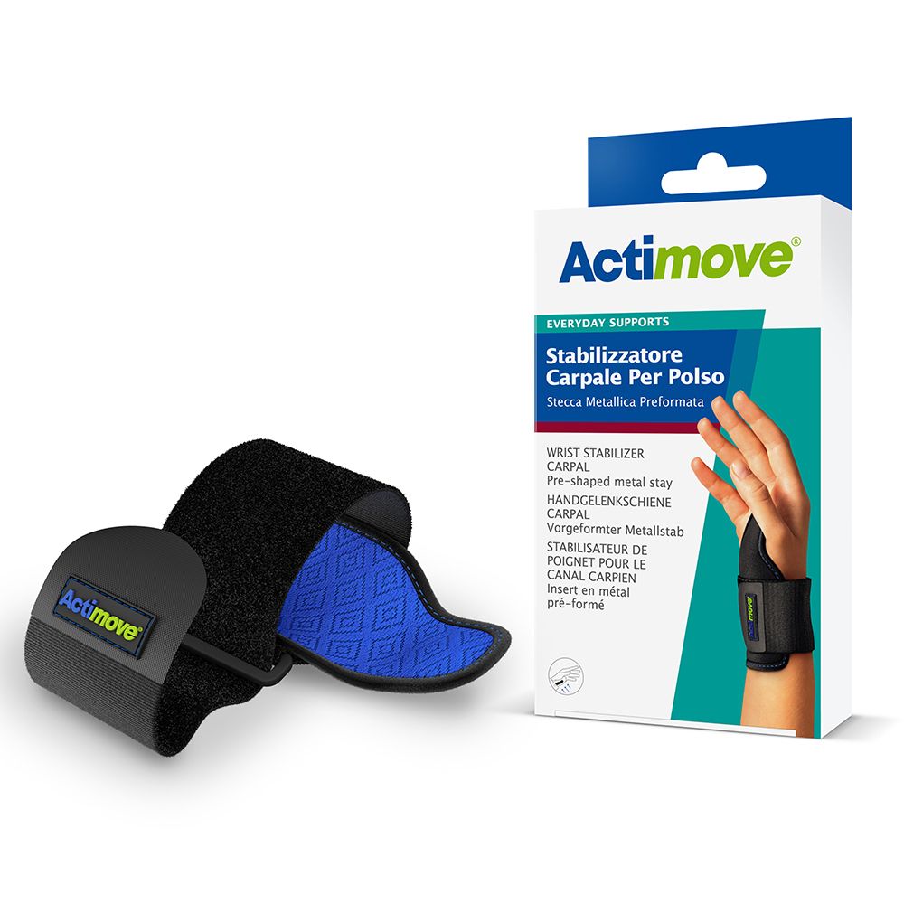 Tutore per polso nero con interno blu. Confezione sullo sfondo. Logo Actimove visibile.