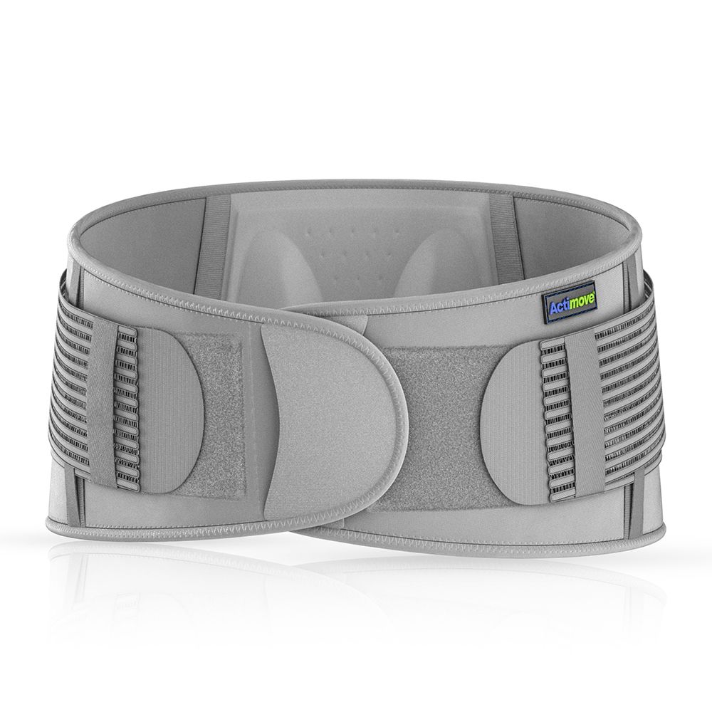 Actimove Everyday Supporto per Schiena. Supporto lombare grigio con chiusure in velcro. Marchio visibile.