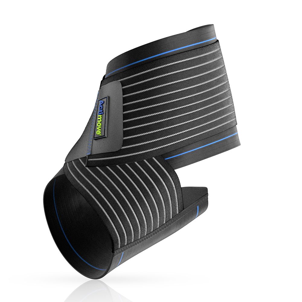 Cavigliera nera e grigia con accenti blu. Materiale elastico. Chiusura a strappo. Logo Actimove.