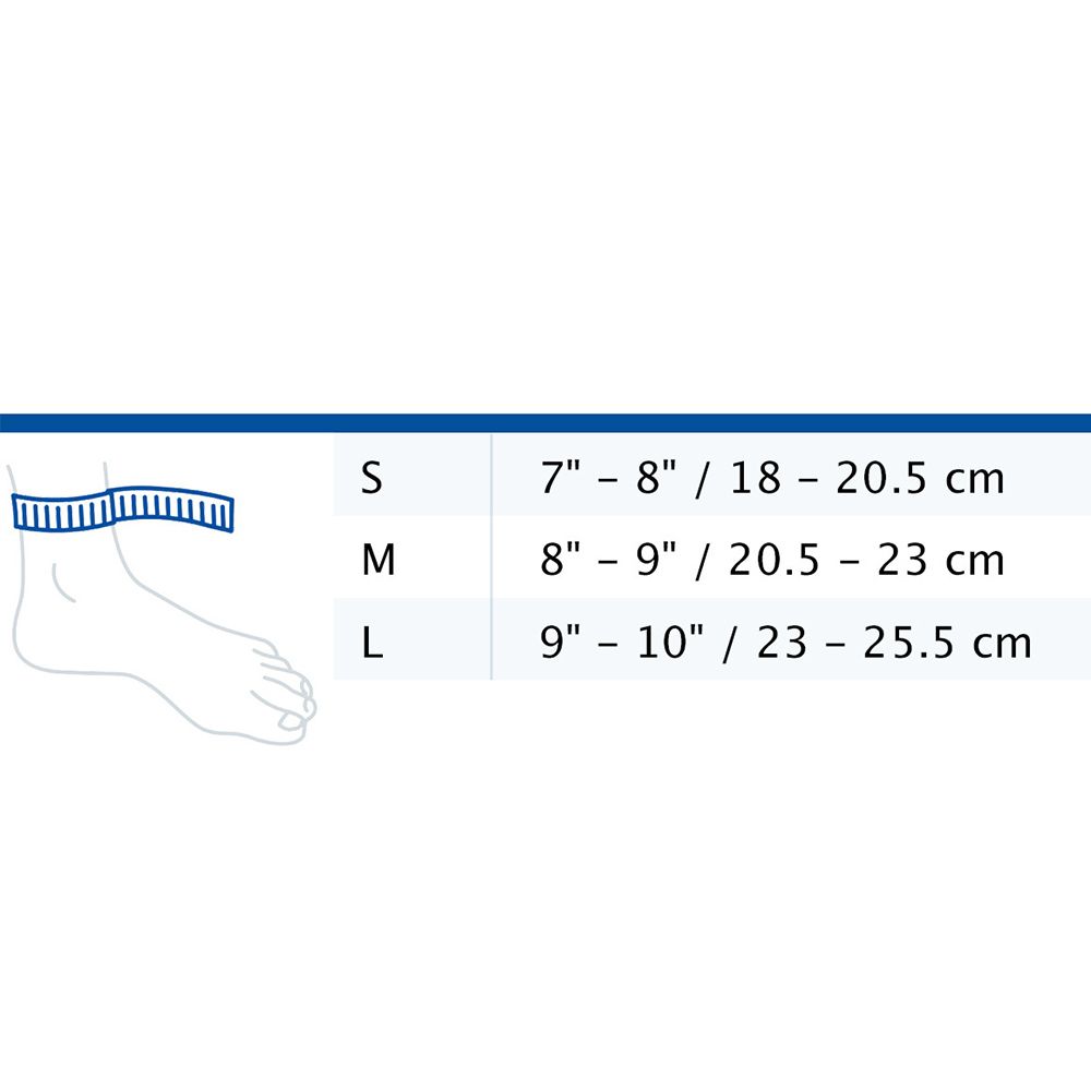 Tabella delle taglie per cavigliere. Taglie S, M, L. Misure in pollici e centimetri.