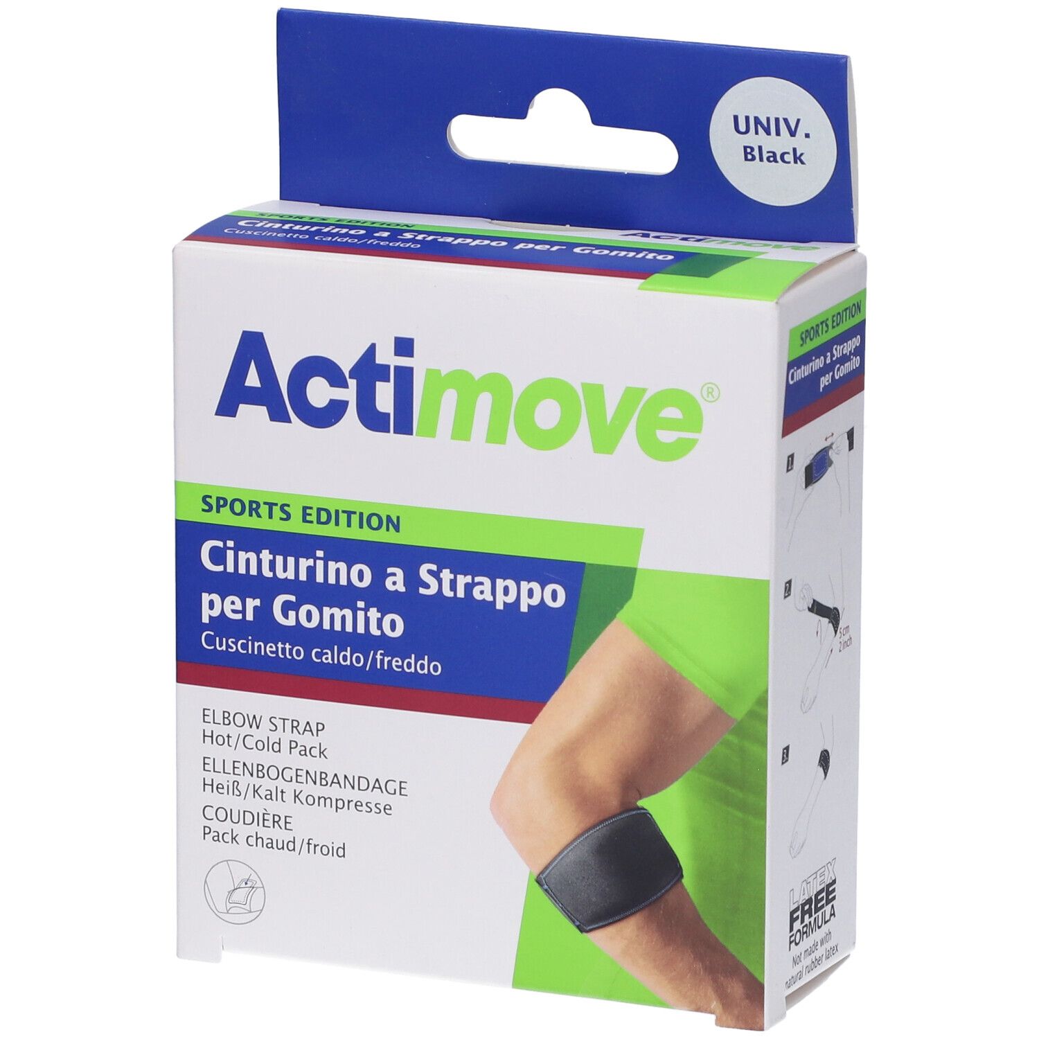 Confezione Actimove Sports Edition. Fascia per gomito con cuscinetto caldo/freddo. Nome e logo. Vista angolata.