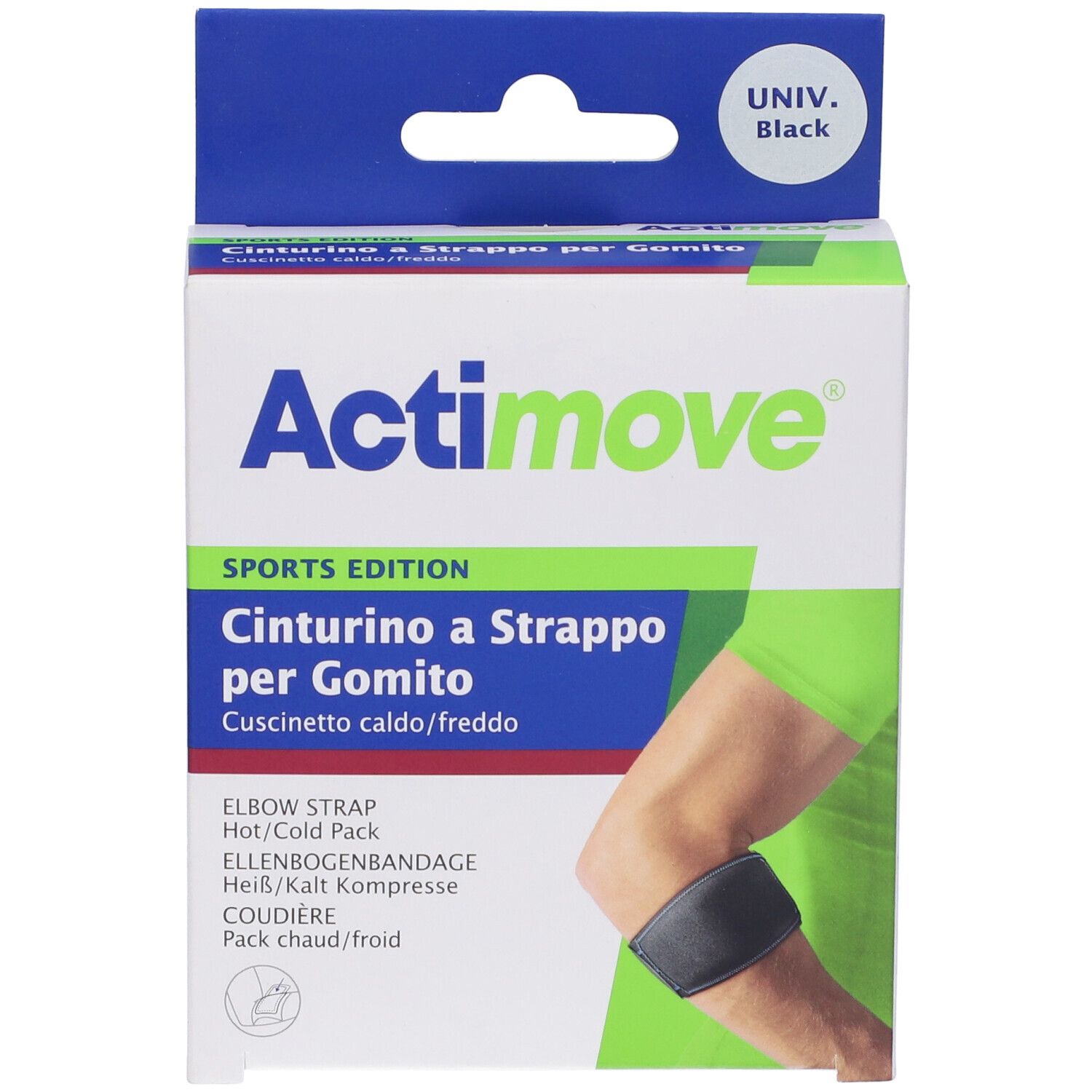 Confezione Actimove Sports Edition. Fascia per gomito con cuscinetto caldo/freddo. Nome e logo. Vista angolata.