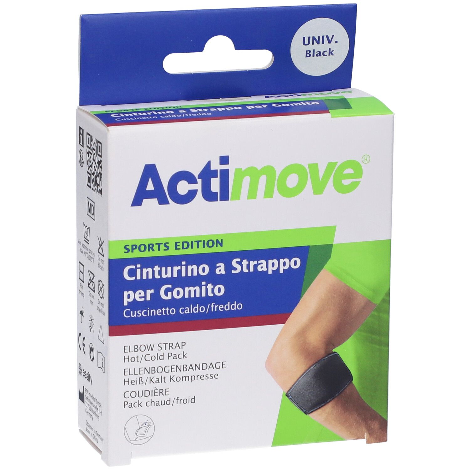 Confezione Actimove Sports Edition. Fascia per gomito con cuscinetto caldo/freddo. Nome e logo. Vista angolata.