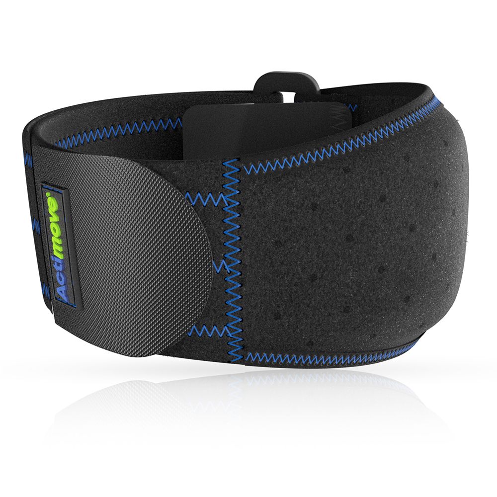 Fascia per gomito Actimove nera con cuciture blu. Chiusura a strappo e zona cuscinetto. Materiale nero.