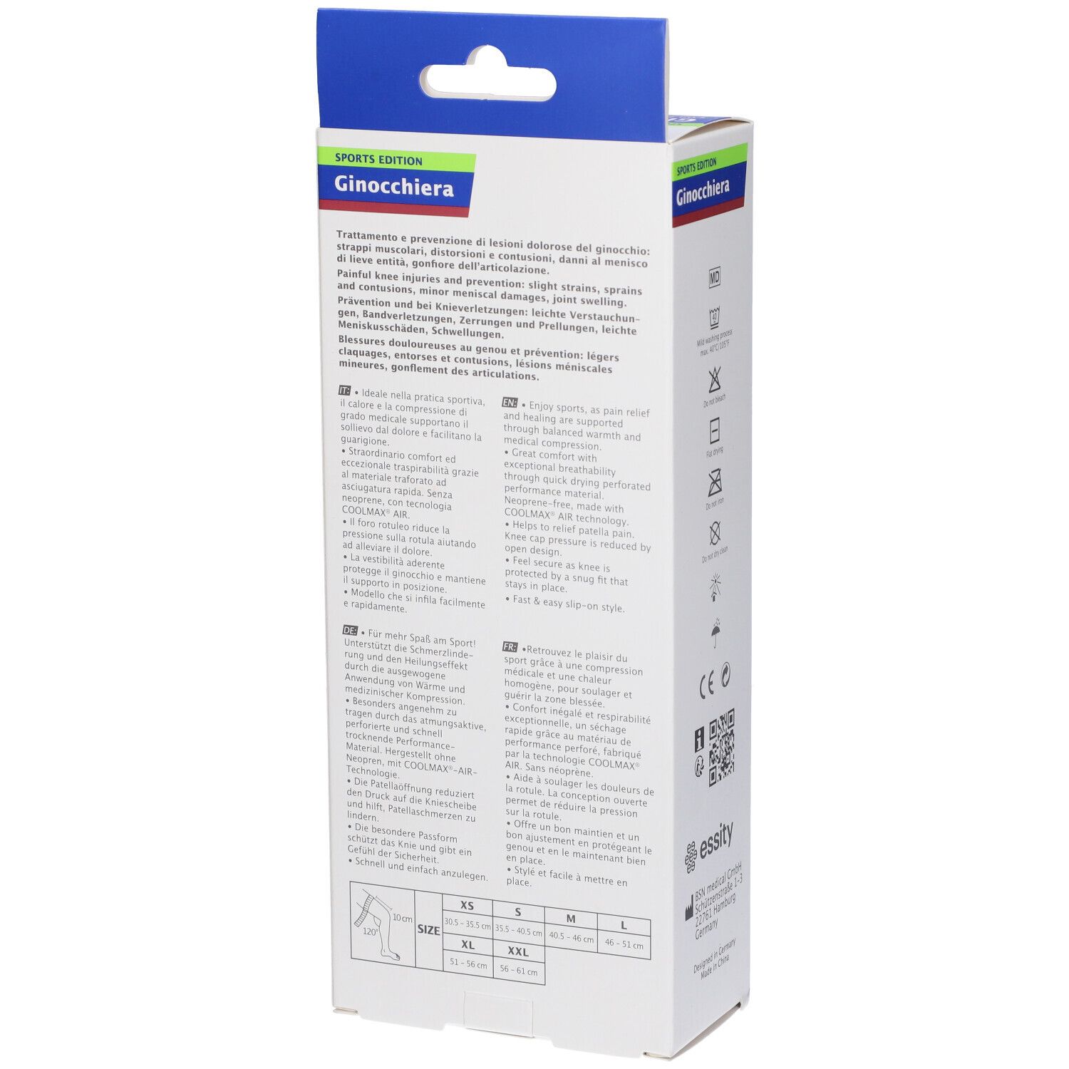Actimove Sports Edition Ginocchiera, retro della confezione. Testo multilingue. Informazioni sulle taglie e descrizione del prodotto.