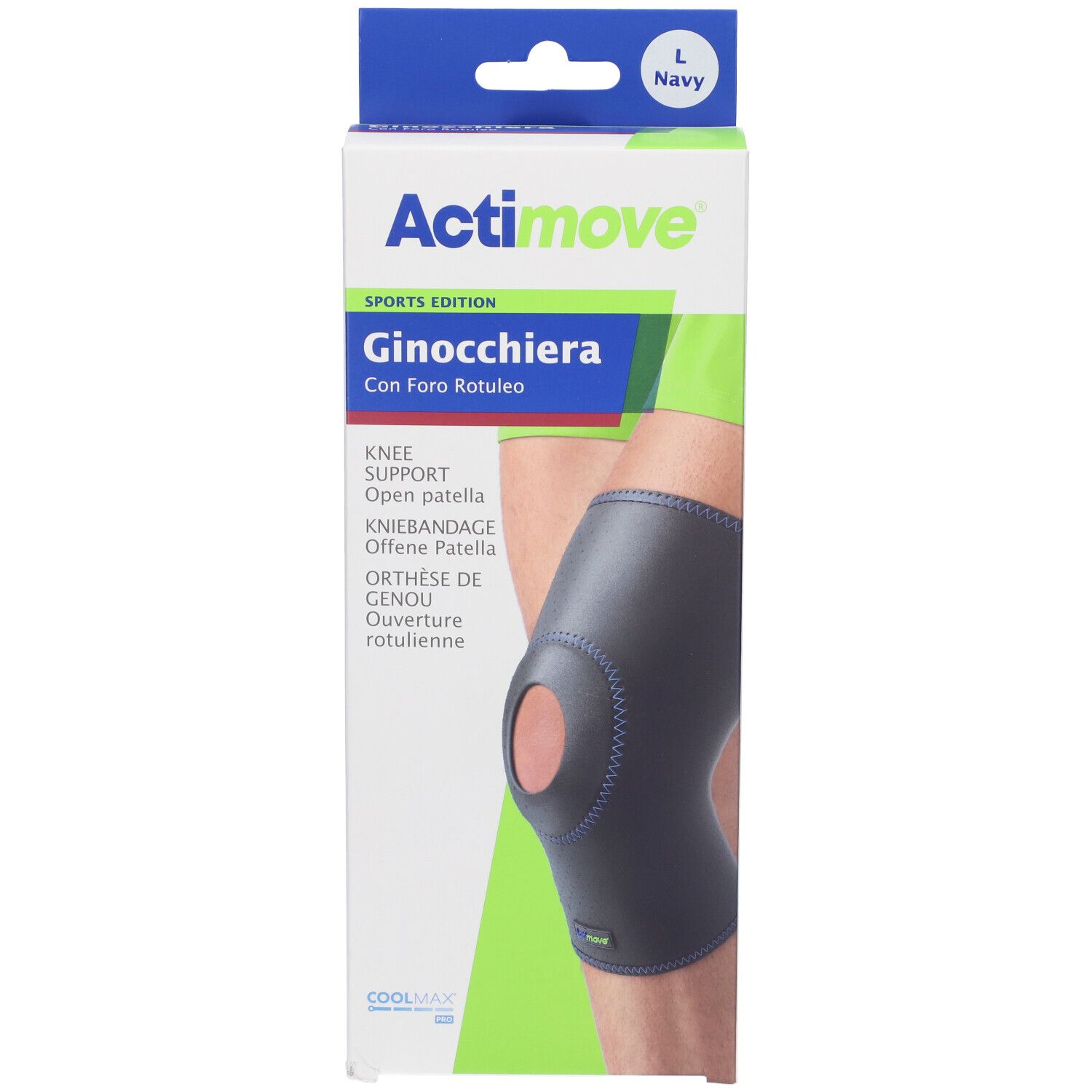 Actimove Sports Edition Ginocchiera. Ginocchiera blu navy con foro rotuleo. Confezione mostra prodotto e gamba. Taglia L.