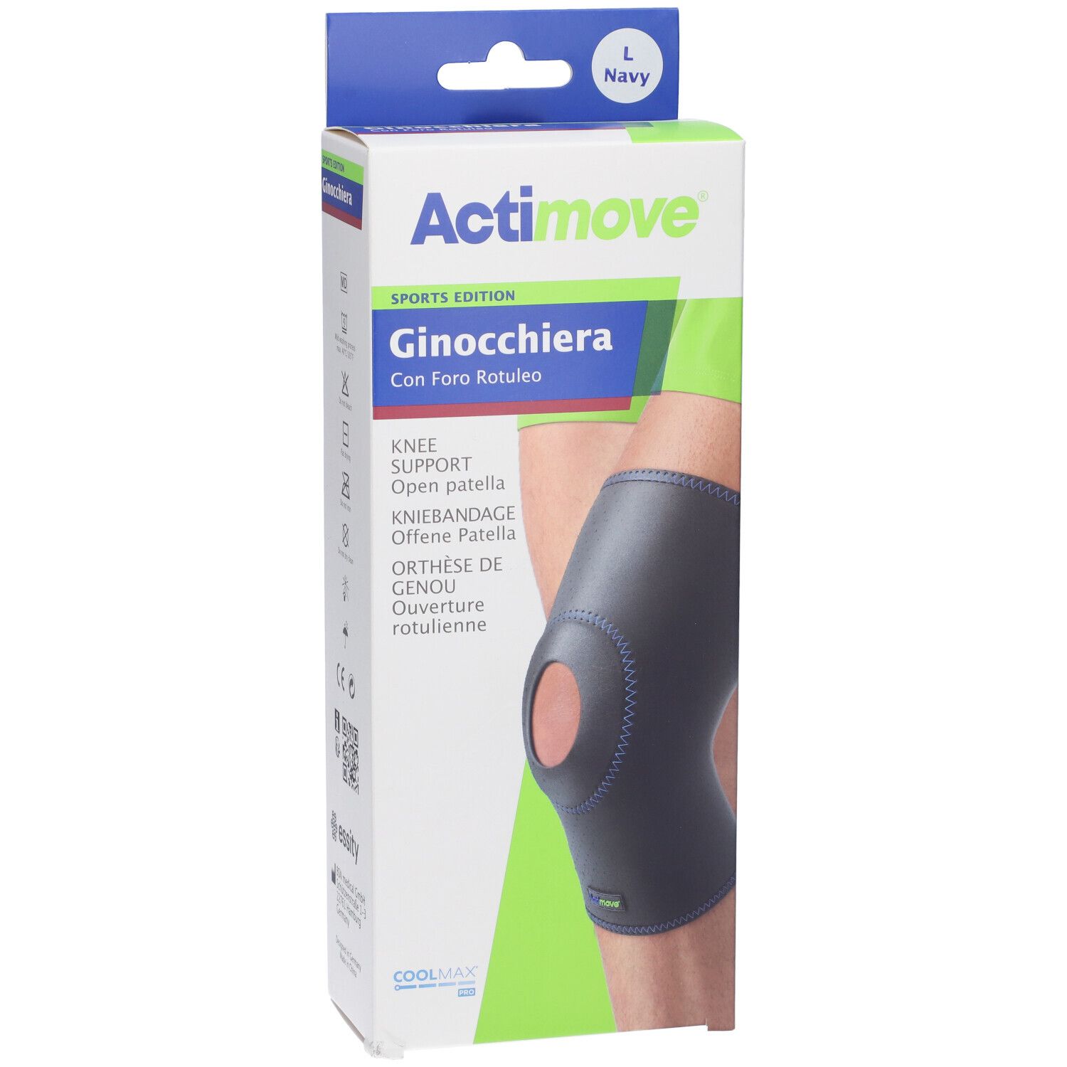 Actimove Sports Edition Ginocchiera. Ginocchiera blu navy con foro rotuleo. Confezione mostra prodotto e gamba. Taglia L.