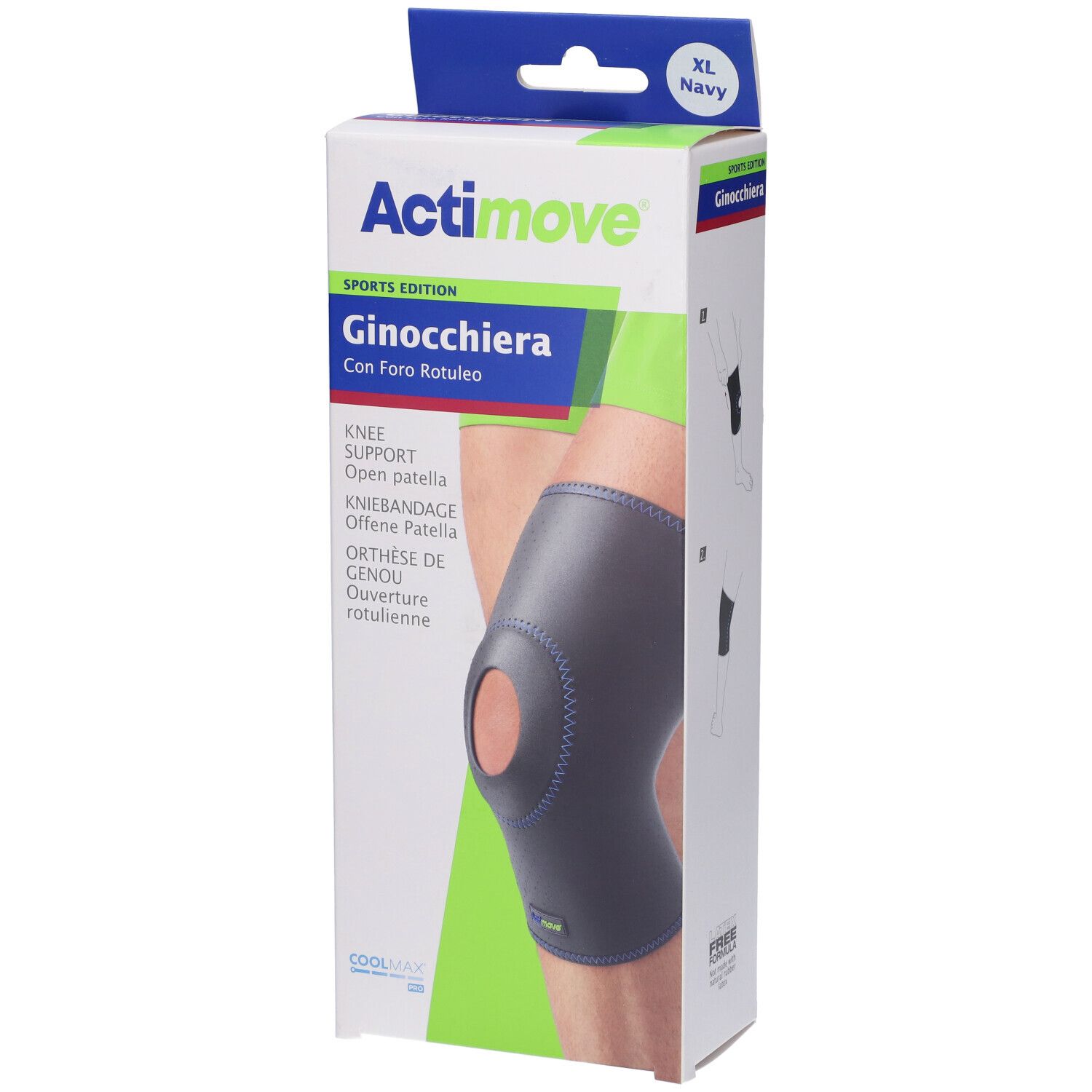 Confezione Actimove Sports Edition Ginocchiera. Ginocchiera navy con foro rotuleo. Taglia XL.