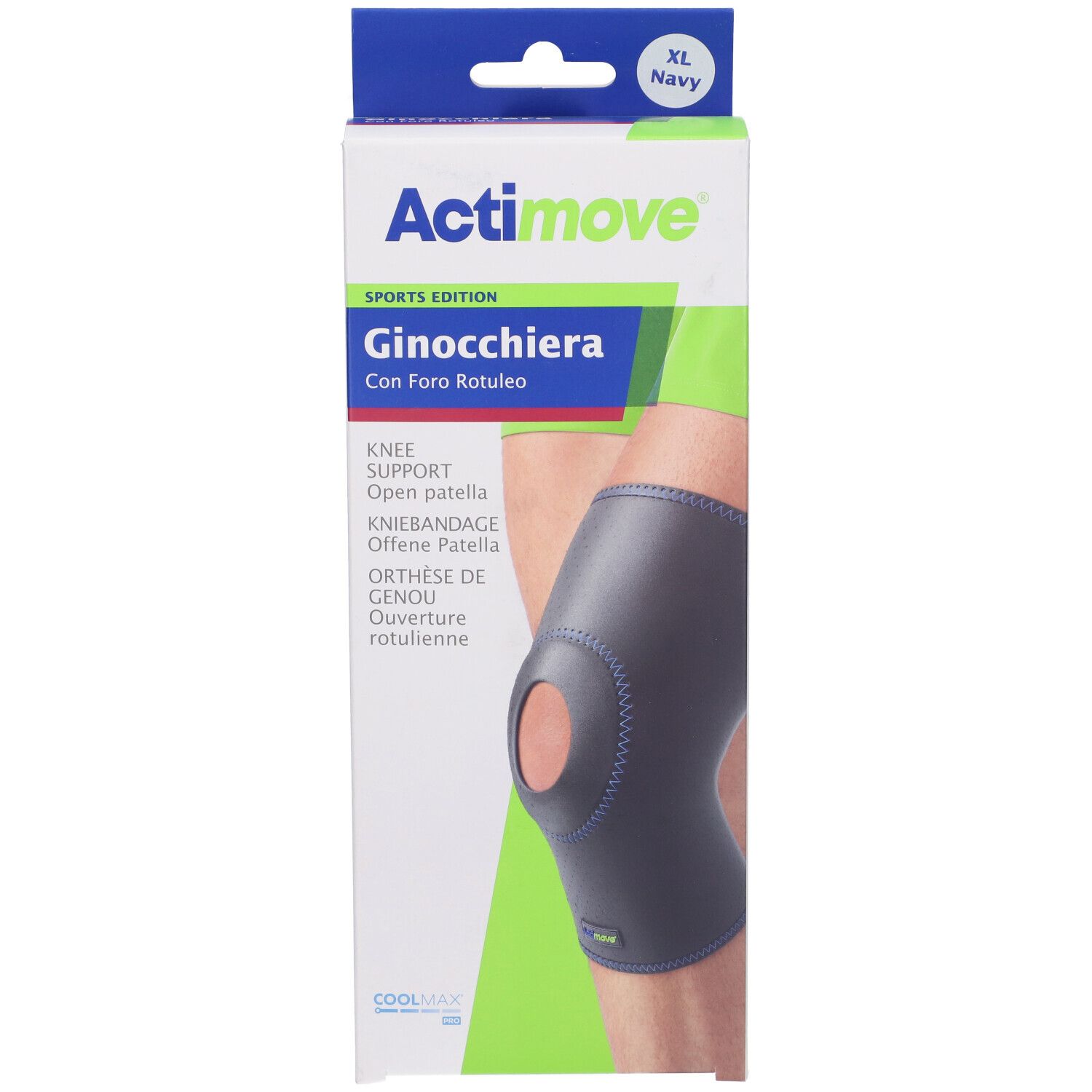 Confezione Actimove Sports Edition Ginocchiera. Ginocchiera navy con foro rotuleo. Taglia XL.
