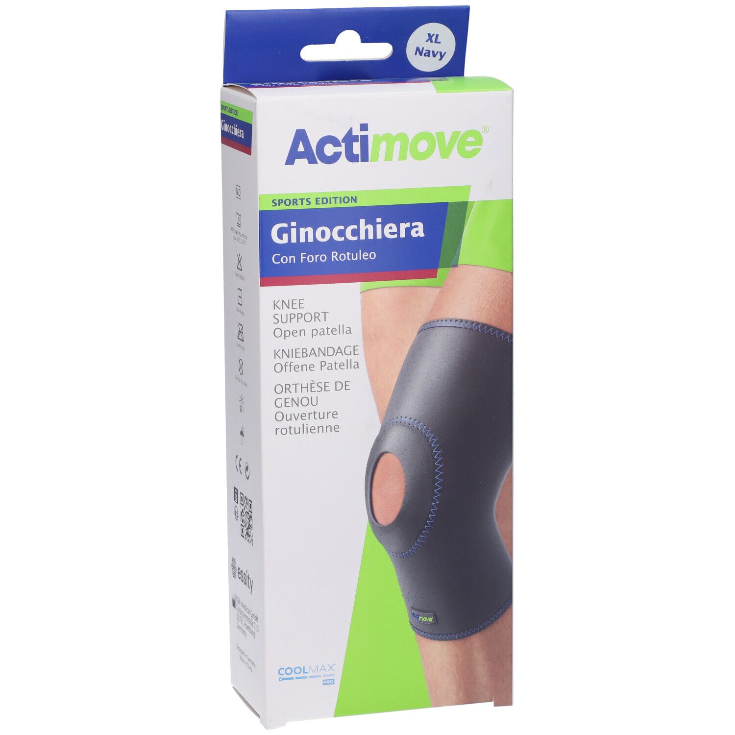 Confezione Actimove Sports Edition Ginocchiera. Ginocchiera navy con foro rotuleo. Taglia XL.