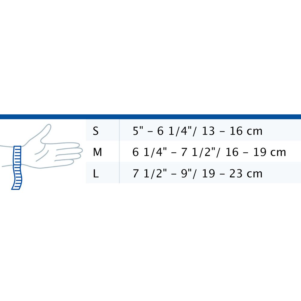 Tabella delle taglie per il tutore per polso Actimove Sports Edition. Taglie S, M, L. Mano con metro a nastro per la determinazione della taglia.