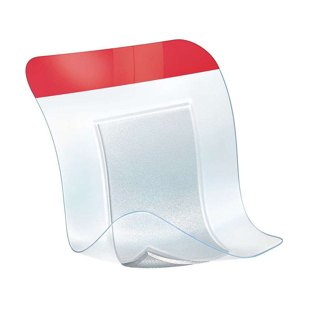 Medicazione trasparente con striscia applicativa rossa. Forma quadrata con angoli arrotondati. Strato adesivo in silicone visibile.