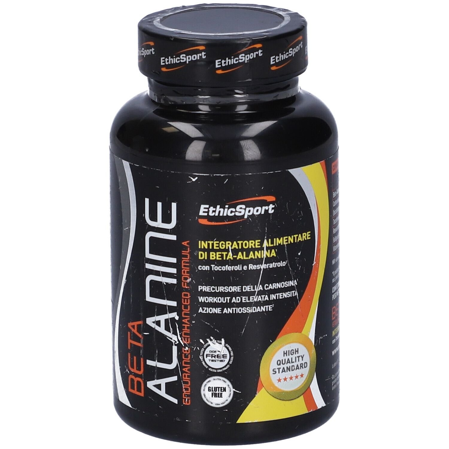 Flacone nero di Beta Alanine Endurance, EthicSport. Scritta: Integratore alimentare. Senza glutine. Standard di alta qualità.
